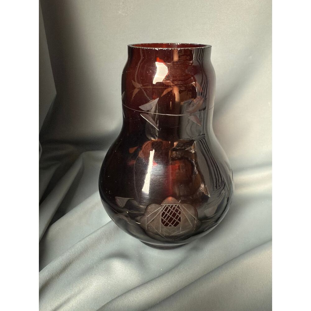 Vintage Cranberry Cut to Clear Glass Jar Vase Bohemian Etched Crystal 5.25x4
